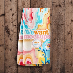All Over Print Waffle Tea Towel Mockup, Sublimation Waffle Kitchen Towel Design Mockup With Wood Background, Photoshop Tea Towel