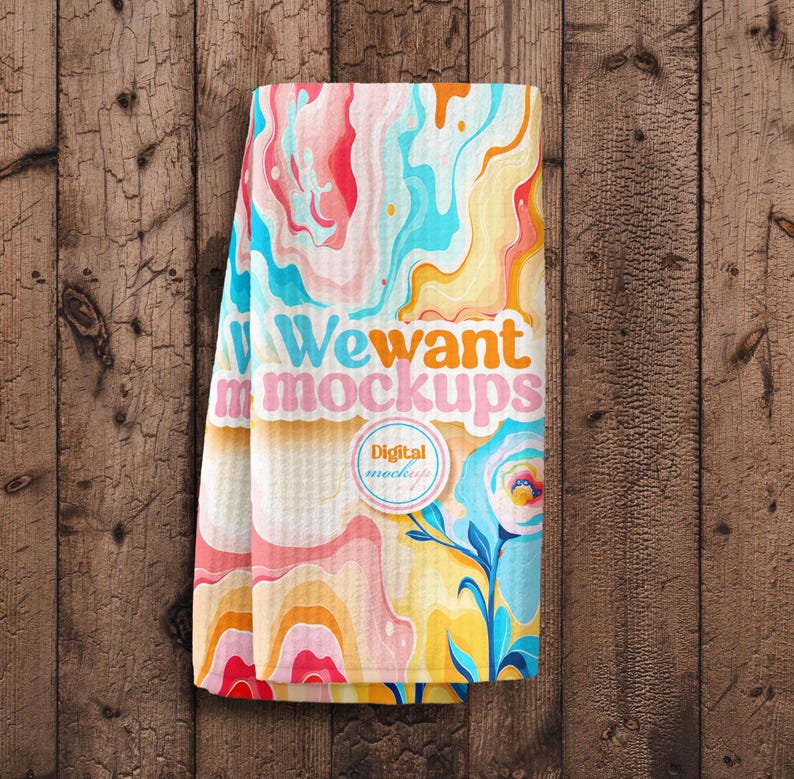 All Over Print Waffle Tea Towel Mockup, Sublimation Waffle Kitchen Towel Design Mockup With Wood Background, Photoshop Tea Towel