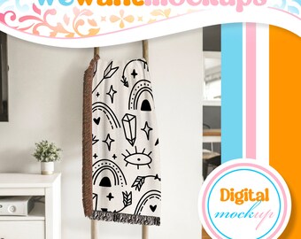 Maqueta de manta de algodón jacquard tejida vertical de 37 x 52 pulgadas plegada sobre escalera de mantas, maqueta de manta con flecos, maqueta de Photoshop