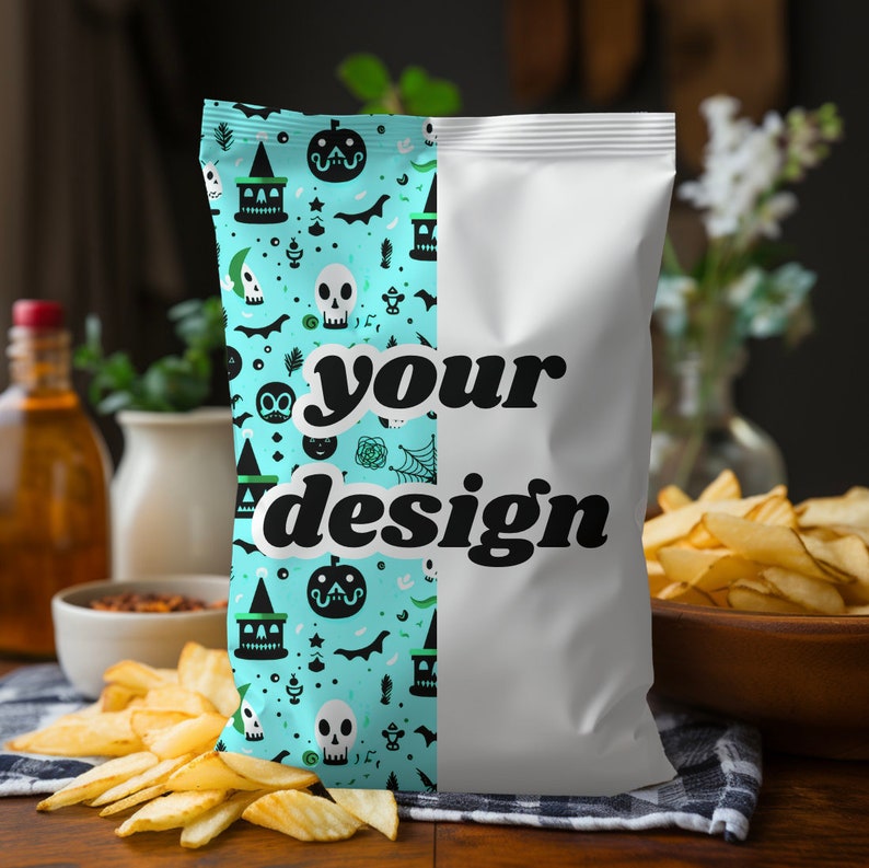 Boho Party Favor Chip Bag Mockup With Transparent PNG Overlay for Canva