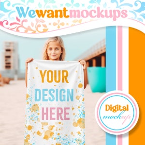 Mockup de toalha de praia para menina para Canva (sobreposição de PNG)