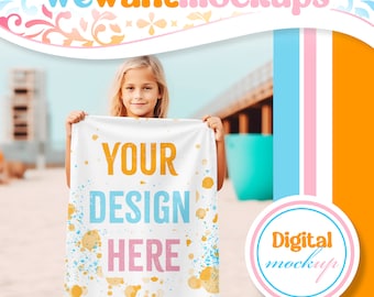 Maqueta de toalla de playa de niña para Canva (superposición PNG)