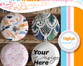 Set of four 10 inch Round Plates Mockup for Canva with Dark Wood Background | Decoplate Plate Mockup