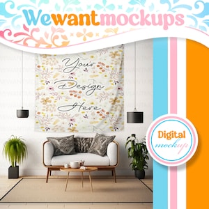 Wall Tapestry Mockup with Bohemian Room Interior | JPEG Stock Photo and PSD Smart Object Template