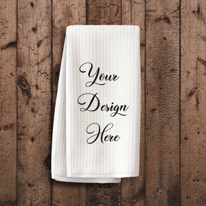 All Over Print Waffle Tea Towel Mockup, Sublimation Waffle Kitchen Towel Design Mockup With Wood Background, Photoshop Tea Towel