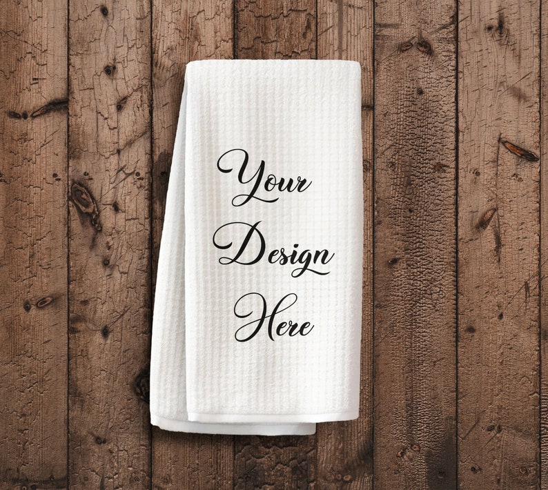 All Over Print Waffle Tea Towel Mockup, Sublimation Waffle Kitchen Towel Design Mockup With Wood Background, Photoshop Tea Towel