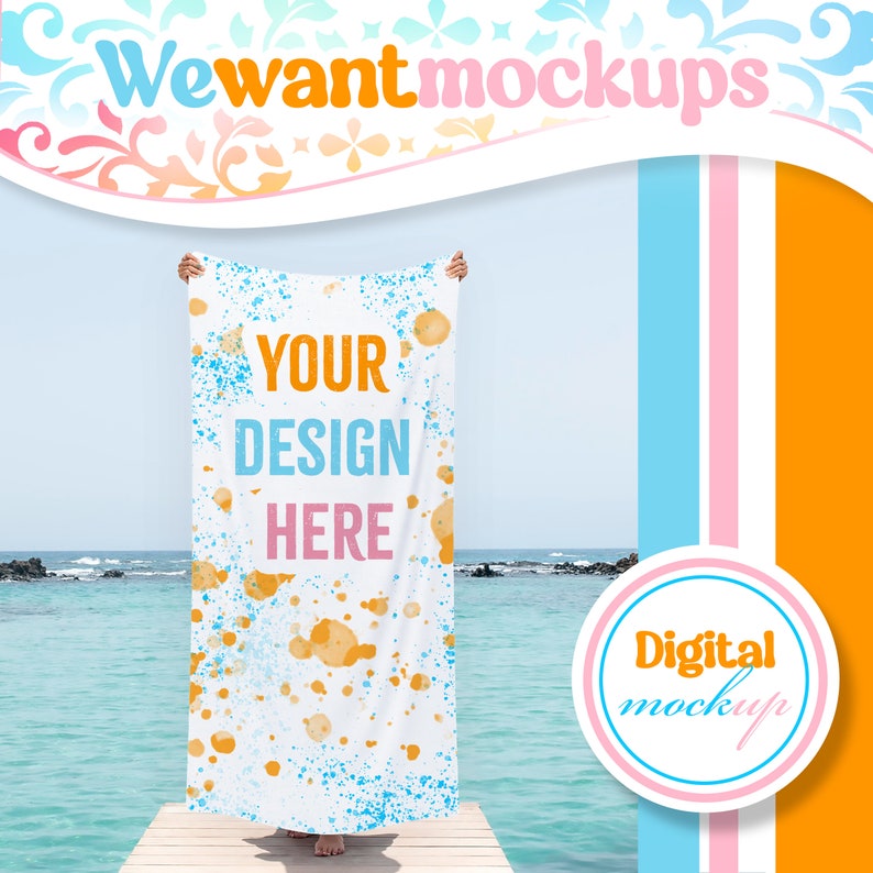 PSD Beach Towel Mockup, Rectangular 30x60 Beach Towel Photoshop Smart Object Template