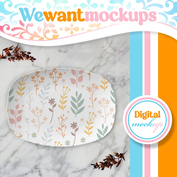White Oval Recipe Platter Mockup for Canva with Marble background