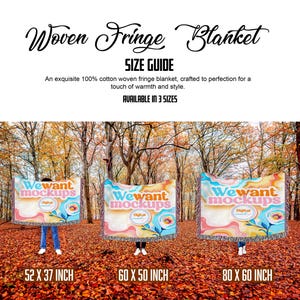 Horizontal Woven Blanket Size Chart, Jacquard Throw Mockup Size Guide, Fringe Blanket Size Guide