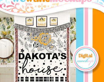 Maqueta de tapiz de manta tejida vertical, maqueta de manta tejida, maqueta de plantilla de Photoshop - Objeto inteligente - Maqueta de manta de algodón