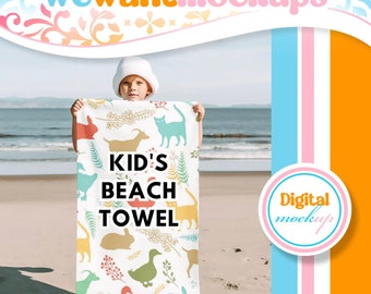 Mockup Kids Beach Towel,  Beach Towel Mockup With kid at Beach, PNG Overlay Mockup