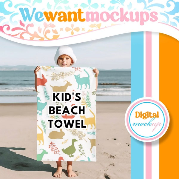 Mockup Kids Beach Towel,  Beach Towel Mockup With kid at Beach, PNG Overlay Mockup