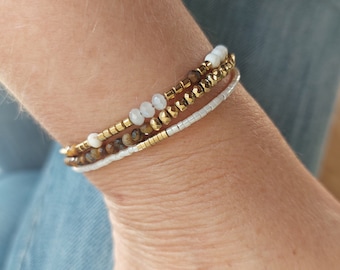 3 row bracelet, Tiger's Eye, Howlite, AAA glass and Hematite beads and Miyuki glass beads