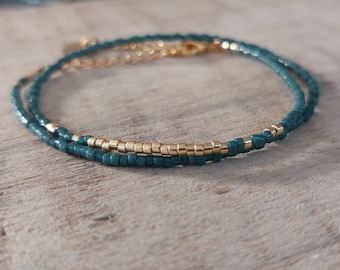 Fine double wrap bracelet in Peacock Blue Miyuki beads