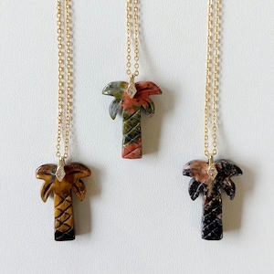 Chain necklace with carved stone pendant in the shape of a palm tree, Tiger&#39;s Eye, Unakite or Rhodochrosite - women, gift - lithotherapy