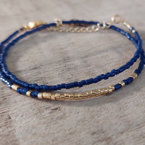 Bracelet fin double tour en perles Miyuki couleur Bleu Navy