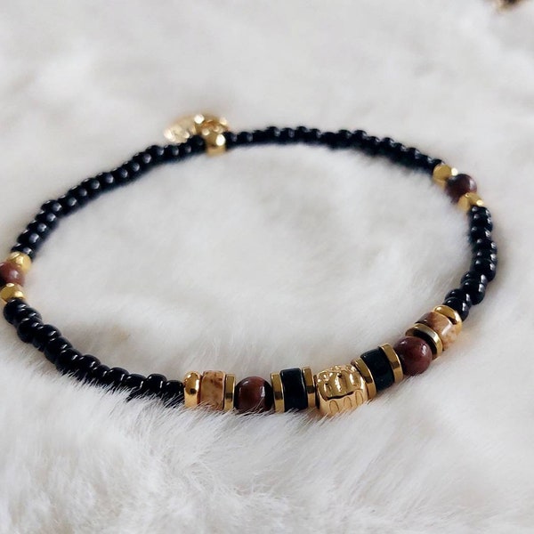 Elastic bracelet with black glass beads, Jasper and black Agate washers, beads gilded with 24k fine gold, women's elastic bracelet