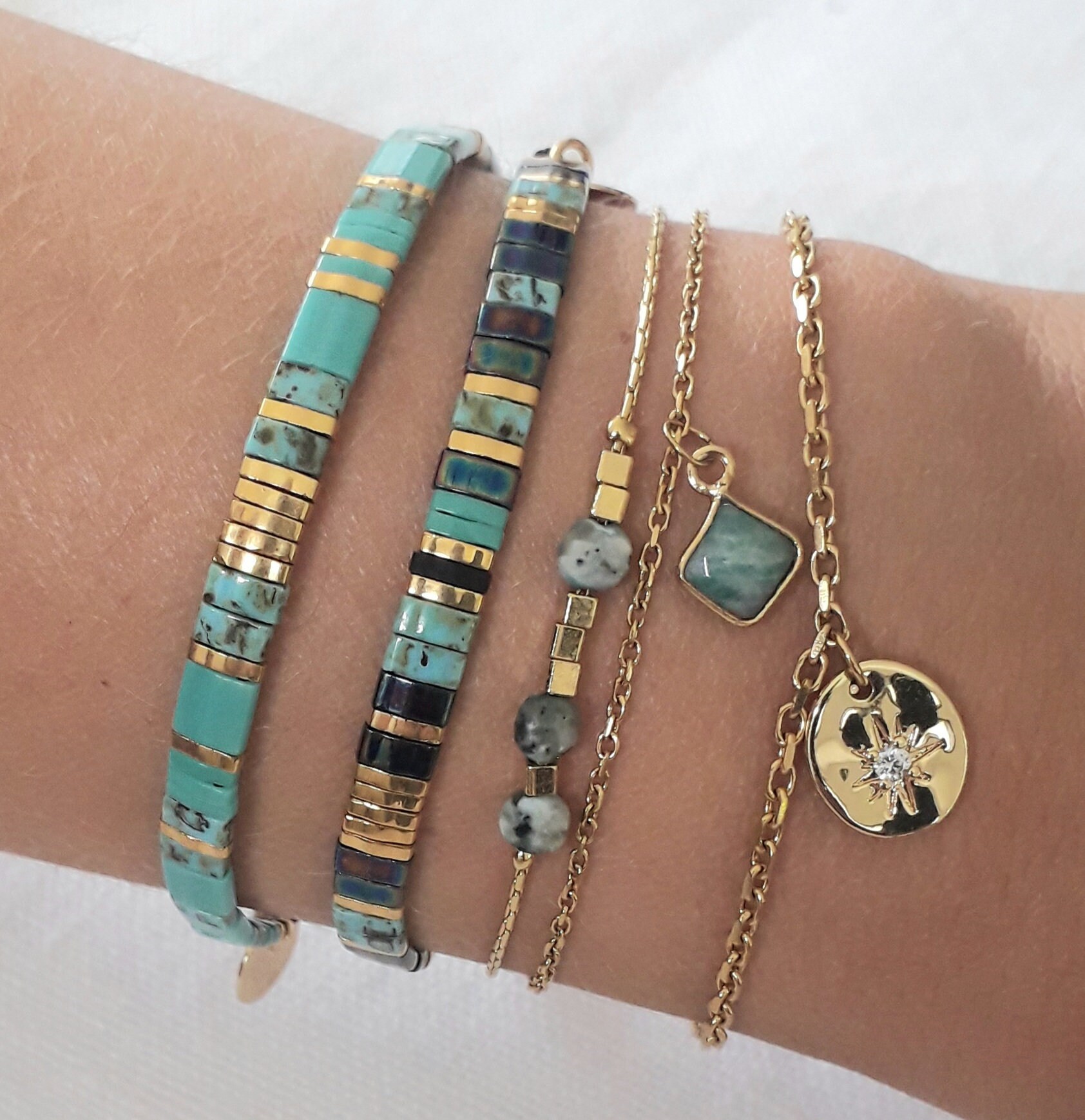 Bracelet Réglable Perles Tissées Bleu - Noeud Coulissant - Neuf Avec étiquettes