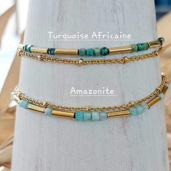 Bracelet 2 rangs en pierres de Turquoise Africaine, Amazonite, Hématite AAA et chaine fine dorée