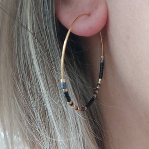 Stainless steel beaded hoop earrings, multi-colored thin earrings, colorful miyuki beaded hoop earrings