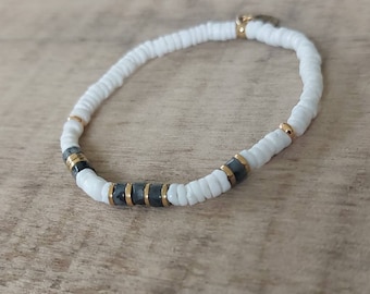 bracelet heishi bracelet surfer élastiqué avec perles Heishi coquillage et pierres en Labradorite