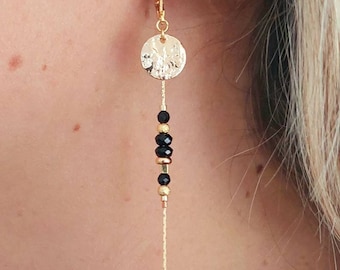Gold-plated stainless steel drop earrings with black spinel faceted beads
