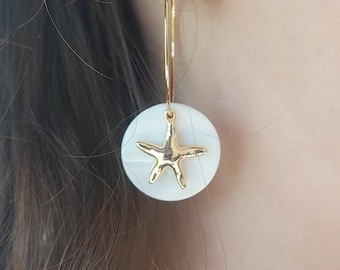 Starfish hoop earrings, mother-of-pearl hoop earrings, earrings, white hoop earrings, woman