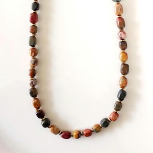 Necklace sautoir necklace, mid-length necklace, short necklace in natural stones of multicolored Jasper and Hematite - unique necklace - lithotherapy