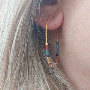 Stainless Steel Beaded Hoop Earrings, Multicolored Thin Earrings, Colorful Miyuki Beaded Hoop Earrings