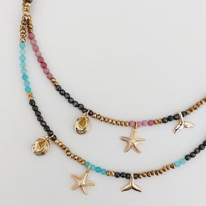 Necklace made of fine semi-precious stones and sea-themed charms, Starfish, Shell, Whale tail, women&#39;s necklace, lithotherapy