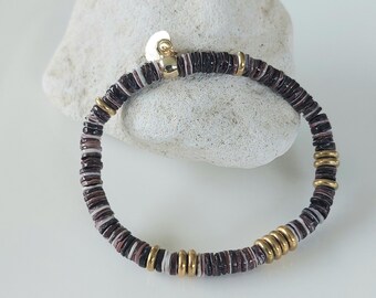 Bracelet élastique Pierres Naturelles Heishi - Coquillage Et Lapis-lazuli - Longueur 15-16 Cm - Neuf Sans Emballage