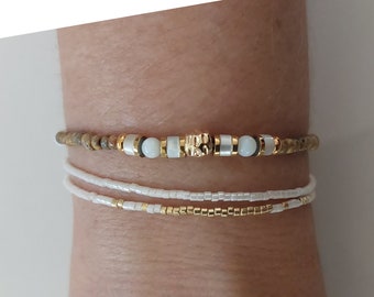 Picasso beige glass bead elastic bracelet, mother-of-pearl washers and beads, 24k gold-plated beads, women's elastic bracelet