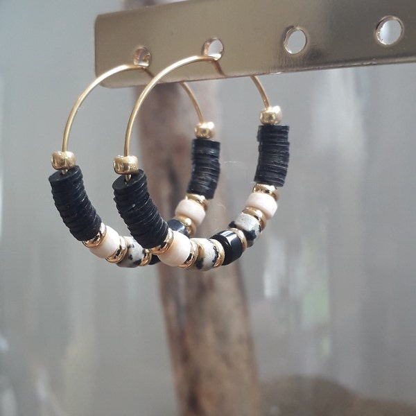 boucles d'oreilles créoles heisi avec pierre jaspe dalmatien, agate ,onyx noir - Acier inoxydable