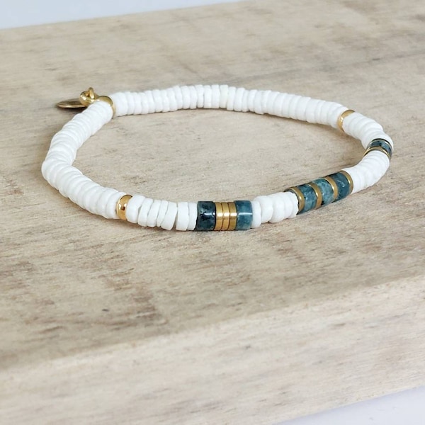 bracelet heishi bracelet surfer élastiqué avec perles Heishi coquillage et pierres en Turquoise Africaine