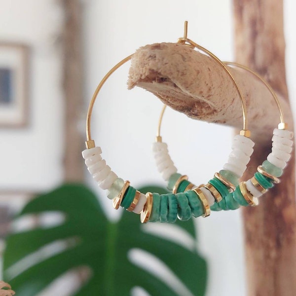 green and white stainless steel hoop earrings, aventurine, African vulcanite vinyl, heishi shell, beads gilded with 24K fine gold