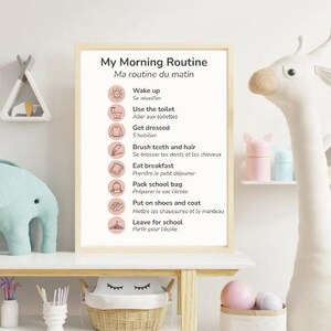 Tabla de rutina matutina bilingüe para niños (EN/FR) / Paquete imprimible en rosa, azul y amarillo / Estética Montessori tranquila / Descarga en PDF