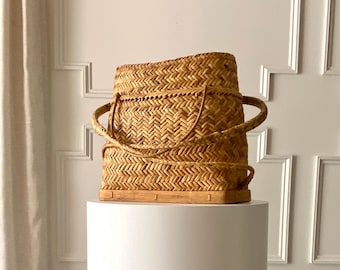Handwoven Rattan Basket Bag, Boho Market Tote, Wicker Picnic Purse, Rustic Farmhouse Storage