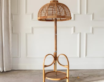 1960s Italian Bamboo and Rattan Floor Lamp With Integrated Table – Louis Sognot Style