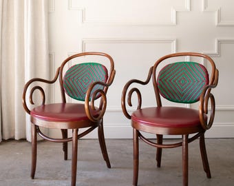Shelby Williams Cafe Armchairs, Thonet Style Bentwood, Red Woven Back, Pair
