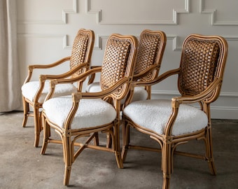 Rare Set of Four Vintage Padma’s Plantation Armchairs Featuring Woven Rattan | Sherpa Upholstery