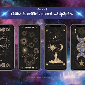 Celestial iPhone Wallpaper, Android Wallpaper, Mystisch, Astrologie, Heilige Geometrie, Sperrbildschirm, Galaxie, Sonne, Mond, Sterne