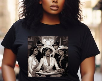 May include: A black short-sleeved t-shirt featuring a square graphic print on the chest. The print depicts a group of five individuals wearing formal attire and hats, seated around a circular table in a monochromatic, vintage-inspired scene.