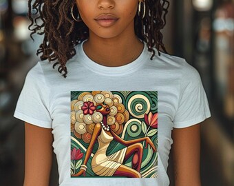 Gelocktes Abstrakte Schönheit Unisex T-Shirt | Schwarzes Shirt | Schwarzes Mädchen Tshirt | Schwarz Damen Kleidung | Afro Frau Kunst | Afroamerikanergeschenke