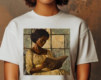 vintage unisexe amateur de livres | Chemise femme noire | T-shirt noir fille | Vêtements pour femmes | Fille afro lisant | Cadeaux livresques afro-américains