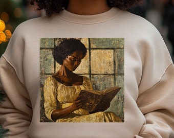 Unisex sweater Book Lover | Zwart overhemd | Zwart T-shirt voor meisjes | Dameskleding | Afromeisje leest | Afro-Amerikaanse leesgrage cadeaus