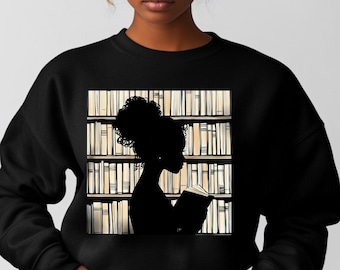 Zwart uniseks sweater voor meisjes | Kleding voor boekenliefhebbers | Zwarte meisjestrui | Boekenachtige cadeaus | Zwarte bibliothecaris | Afro-Amerikaanse cadeaus