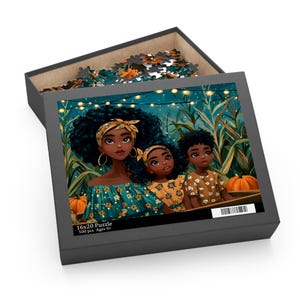 May include: A 16x20 inch puzzle box with a colorful illustration of three people in a cornfield with pumpkins. The box is open, revealing puzzle pieces. The illustration features the text "16x20 Puzzle 500 pcs Ages 9+".