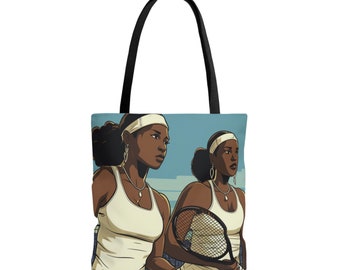 May include: A tote bag featuring a colorful illustration of two women playing tennis. The women are wearing white tank tops, headbands, and necklaces. The background is a blue sky with clouds.