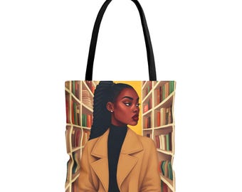 Bookstore Beauty Tote Bag | Book Lover Gift | African American Tote | Afrocentric Art | Black Woman Bag | Travel Bag | African American Gift