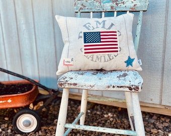 Vintage Grain Sack USA Flag Accent Pillow
